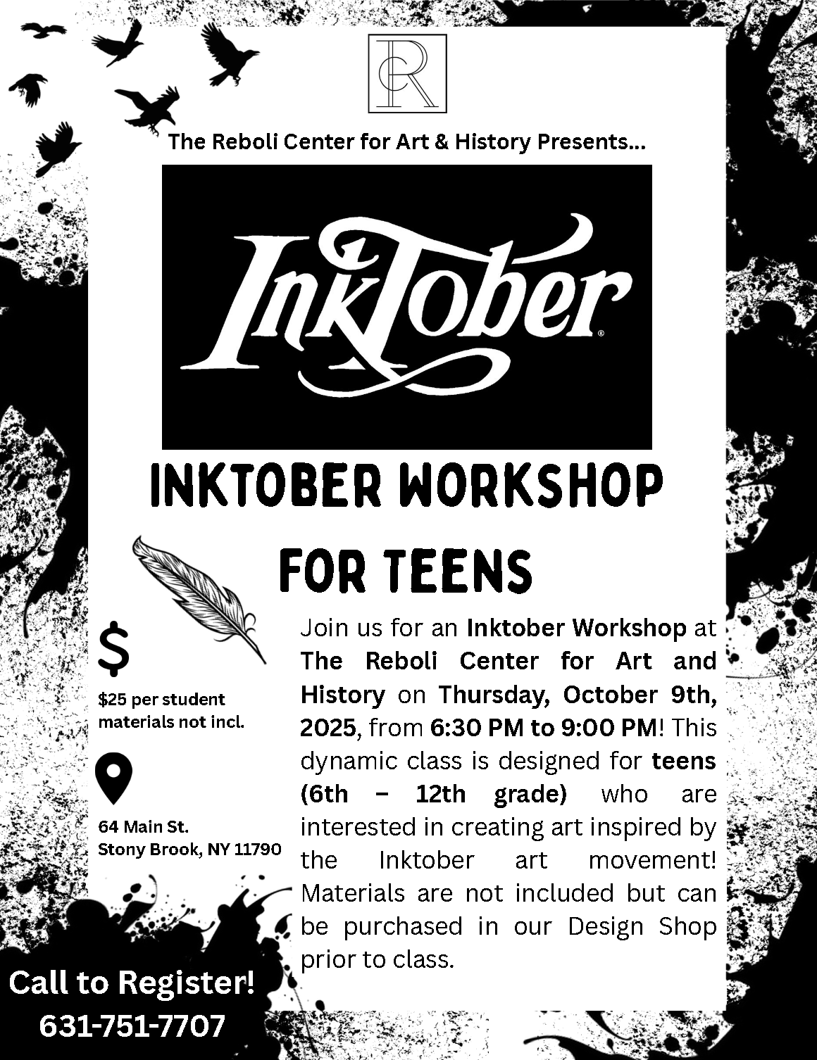 Inktober Workshop for Teens on Thursday, 10/9/25, 6:30pm - 9:30pm